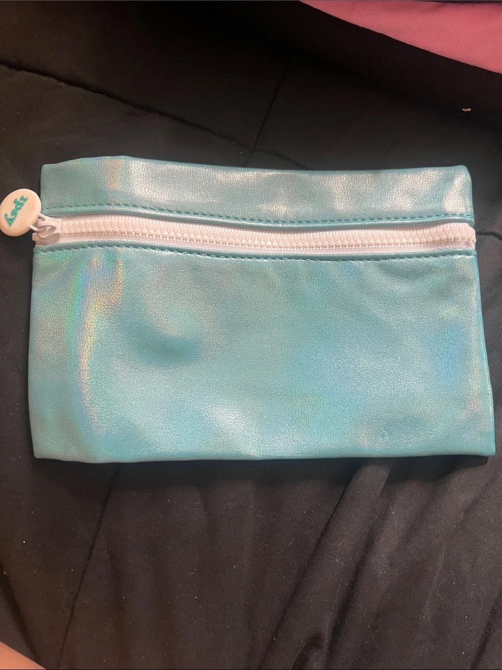 ipsy Iridescent Aqua Cosmetic Pouch with White Zipper Pull